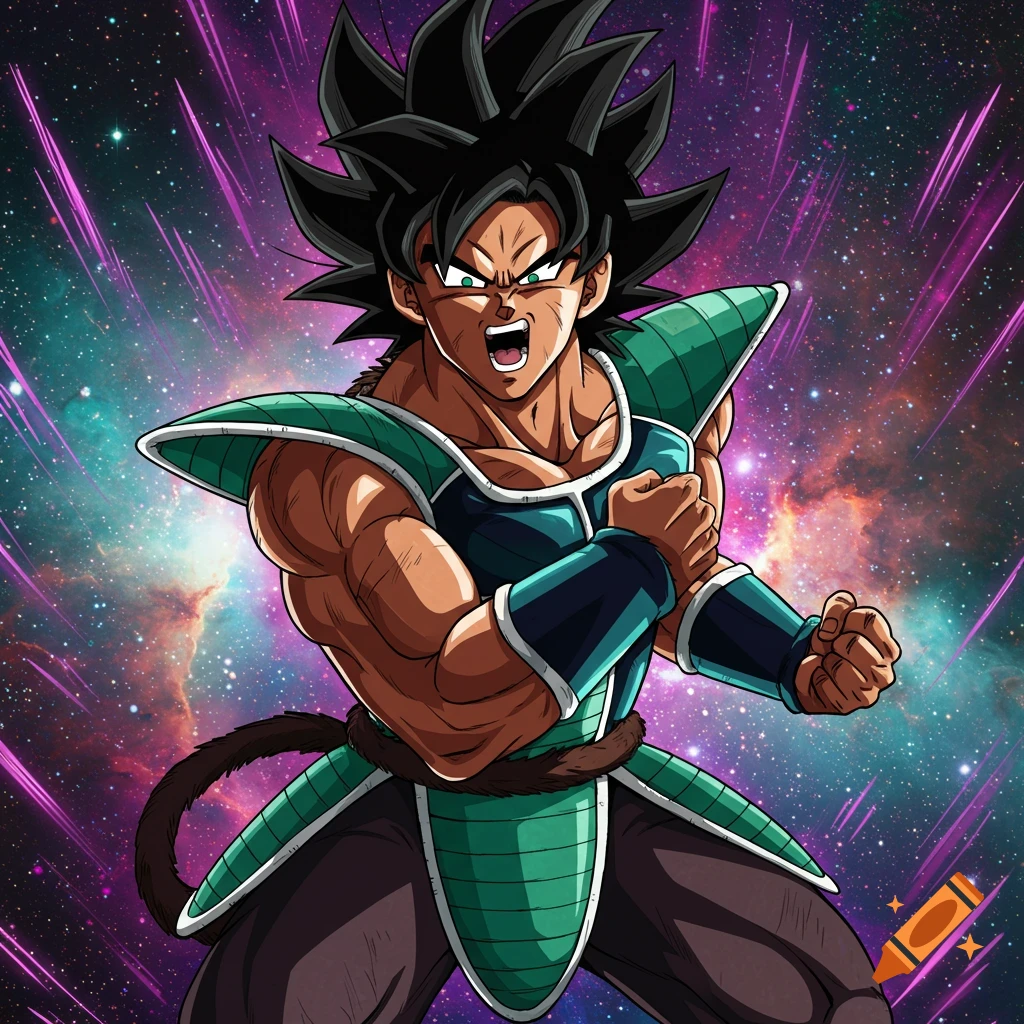 Anime character in battle armor poses against a starry space background with energy streaks.
