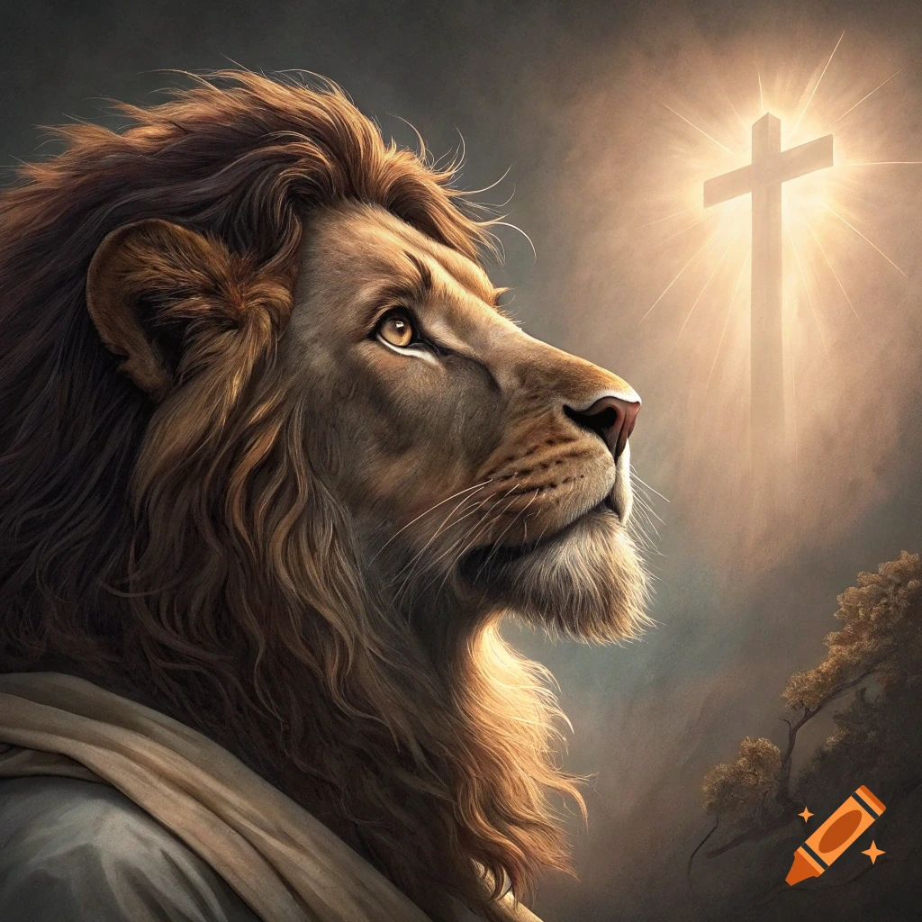 A realistic painting of a lion looking up at a glowing cross in a stormy sky.