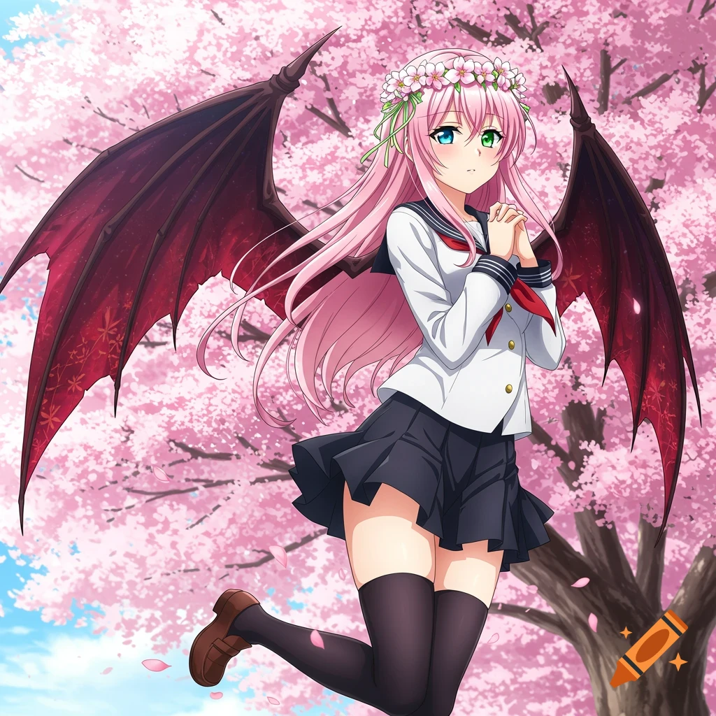 Anime girl with pink hair, bat wings, school uniform, and flower crown in front of cherry blossoms