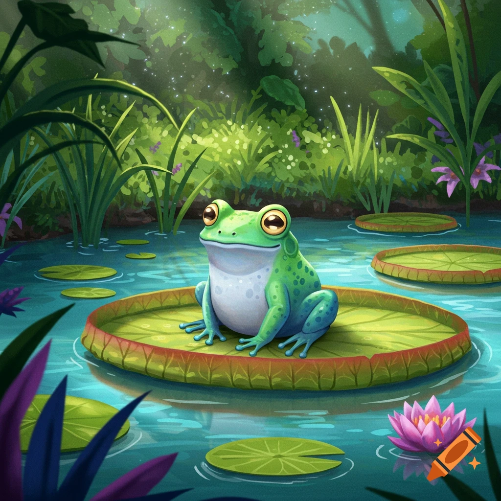 A cartoon frog sits on a large lily pad in a pond, surrounded by plants and flowers.