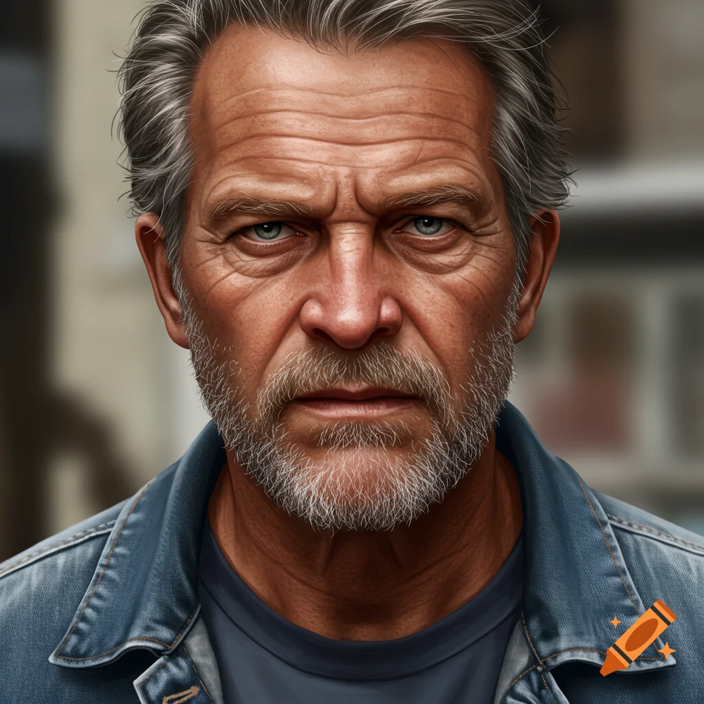 Portrait of an older man with gray hair and beard in a denim jacket.