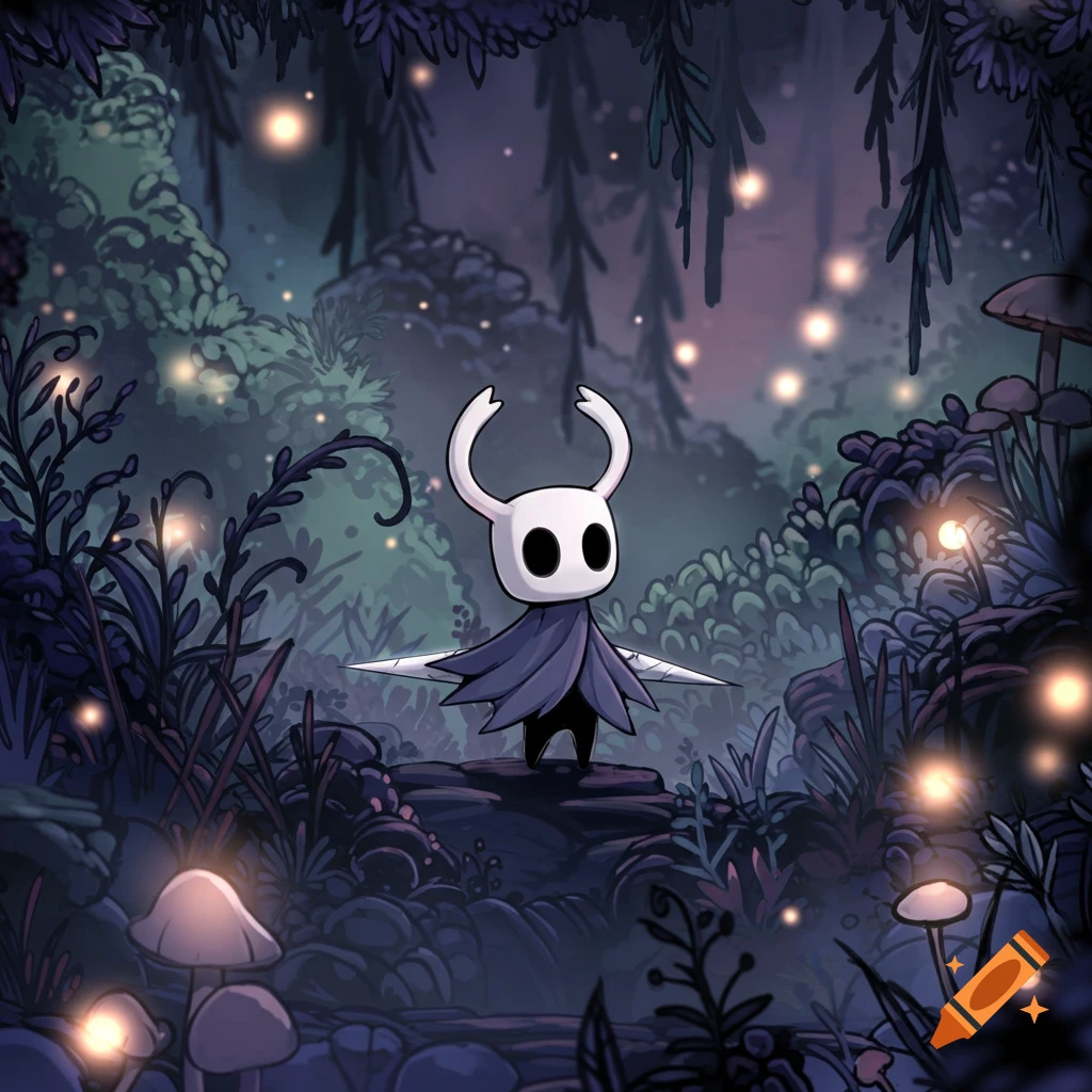The Knight from Hollow Knight stands in a dark, glowing forest.