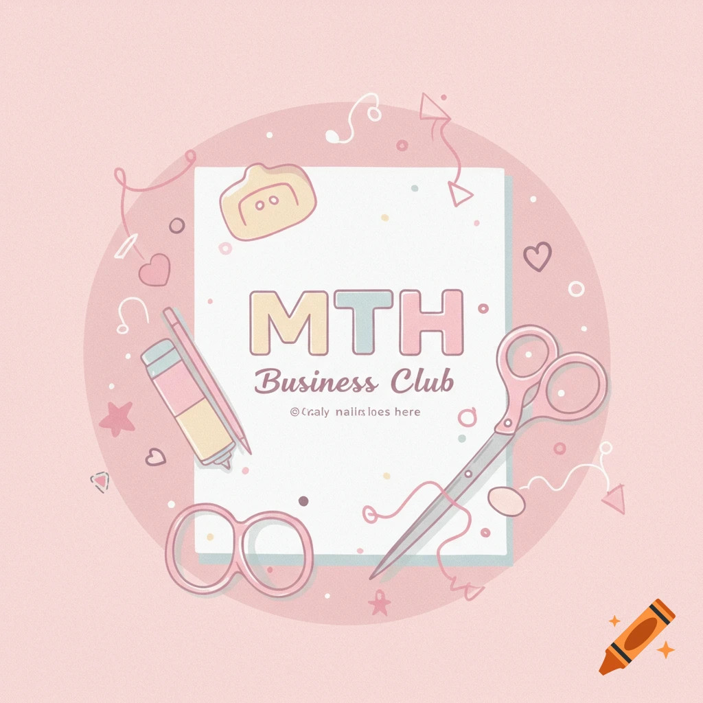 A pastel-colored illustration of a business logo for MTH Business Club. It features the text 'MTH Business Club' and includes illustrations of scissors, a marker, glasses, and abstract shapes.