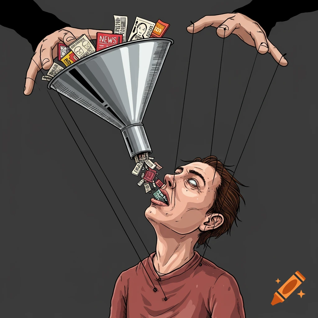 Digital illustration of puppeteer hands force-feeding news from a funnel into a person's mouth.