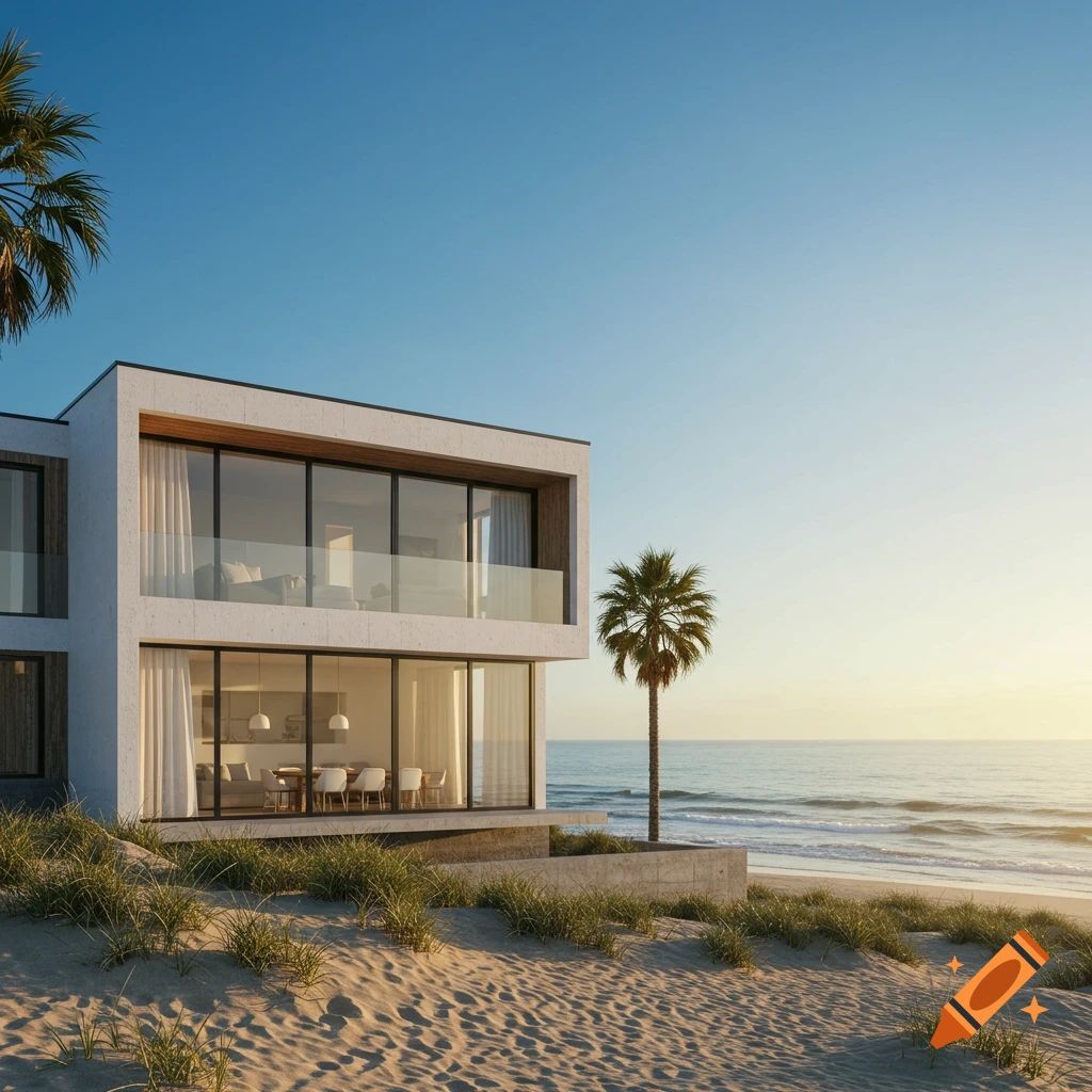 A modern beachfront house on a sandy dune with palm trees and ocean waves.