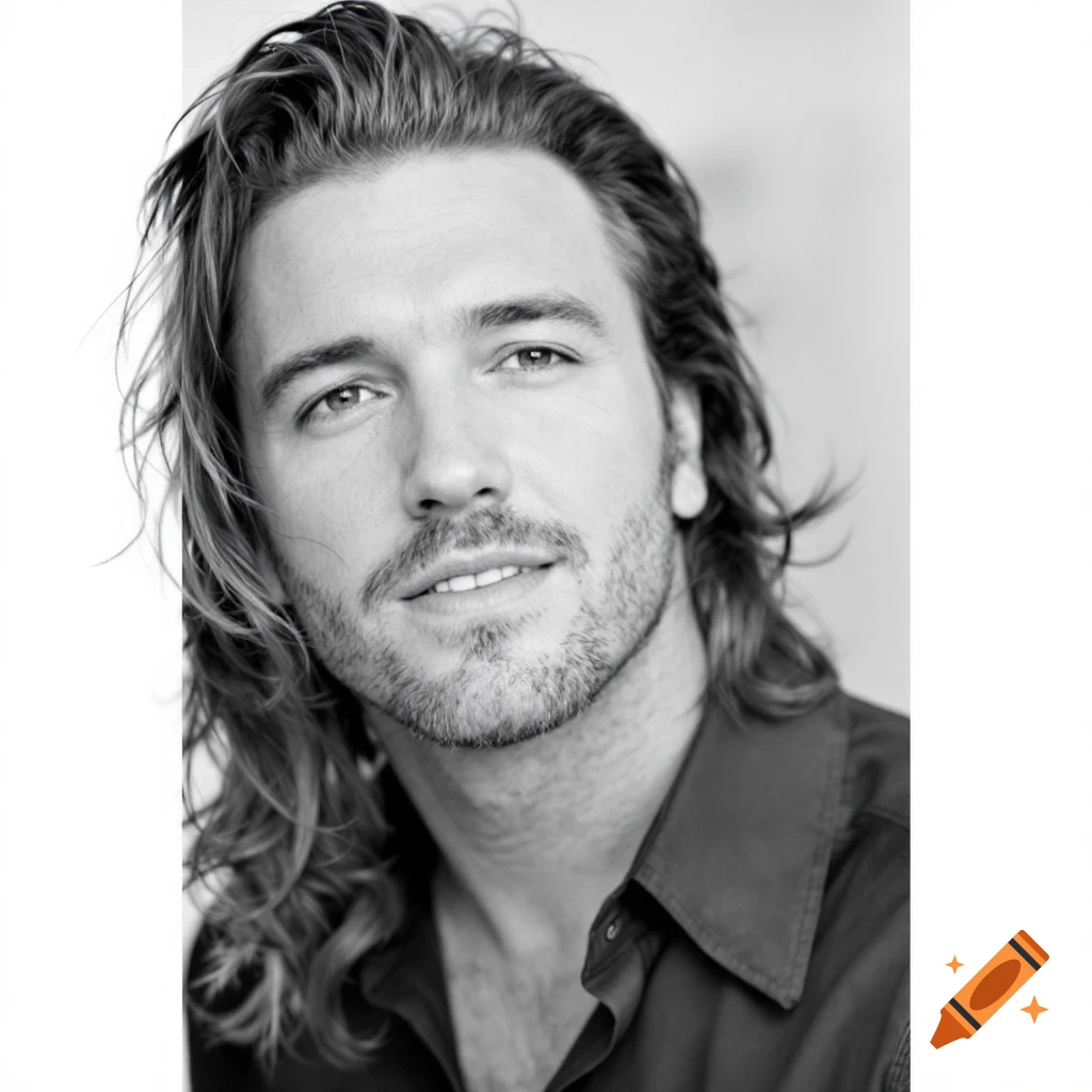 Black and white portrait of a man with long wavy hair and a beard.
