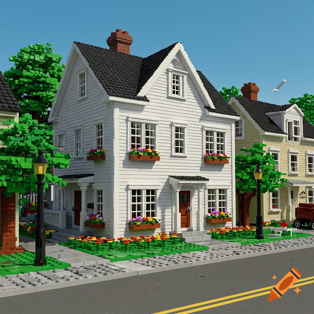 A white house on a New England street, rendered in a style combining realism and Lego bricks.