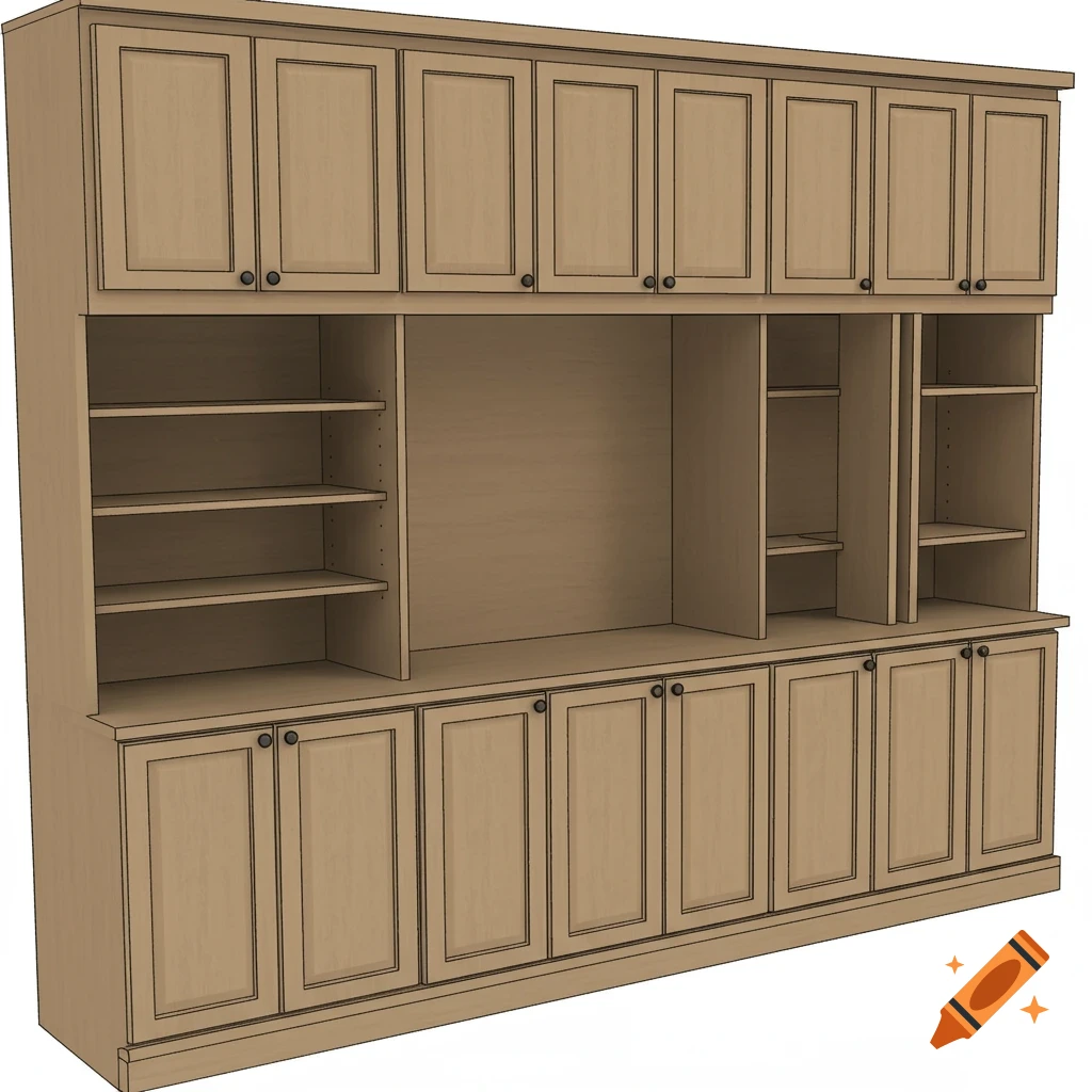 A 3D model of a large wooden cabinet with multiple doors and shelves.