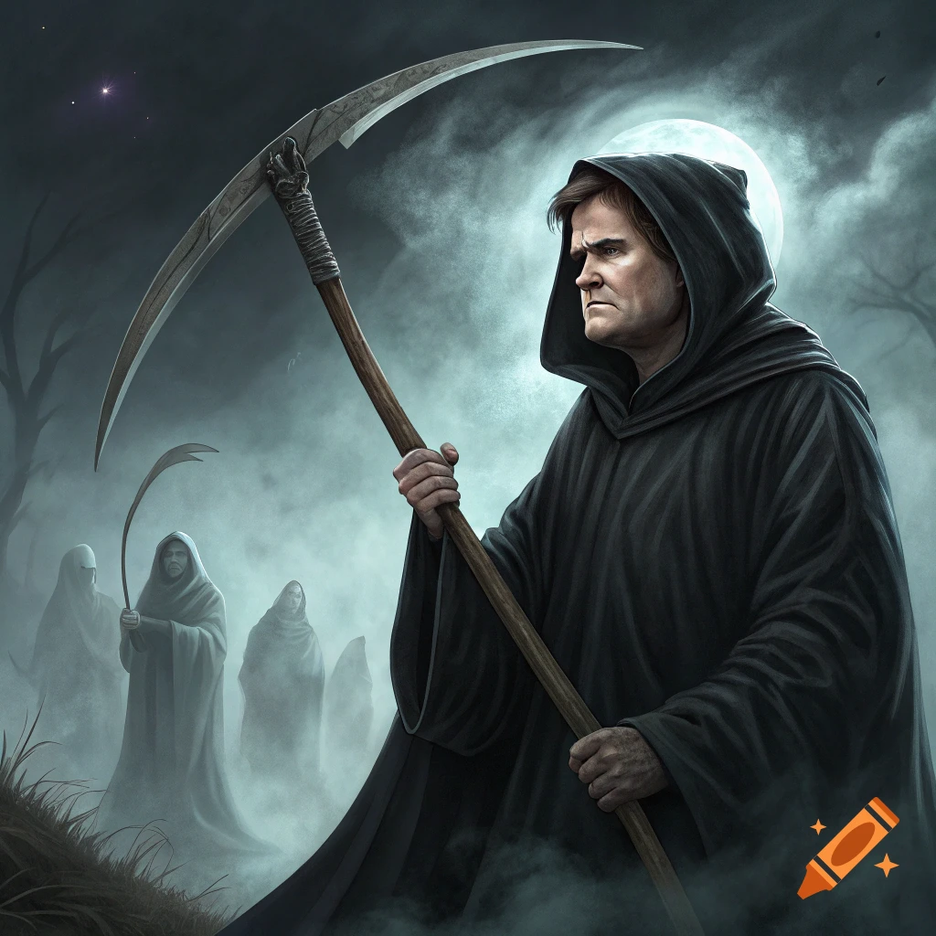 Man dressed as Grim Reaper with scythe stands in foggy landscape with other figures under moonlight.