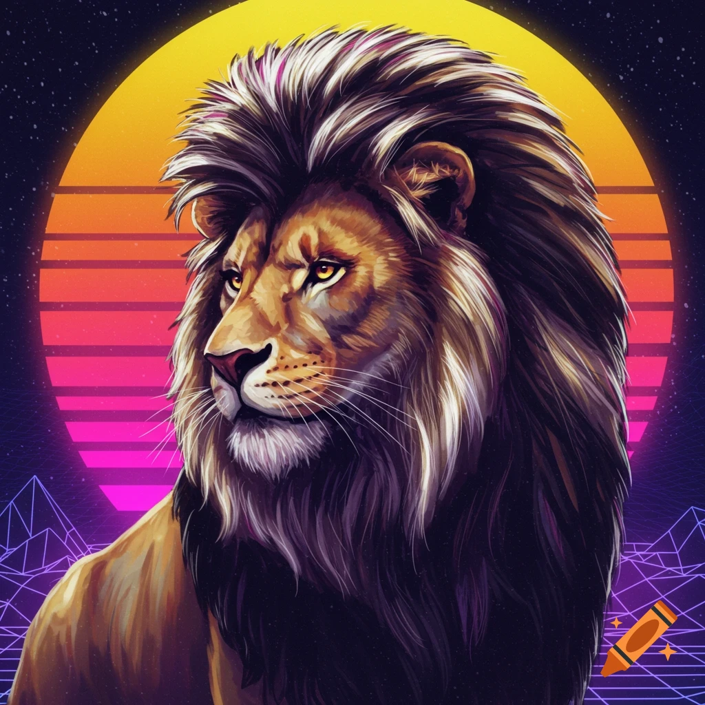 A lion with a mullet stands against an 80s retro sunset and grid background.