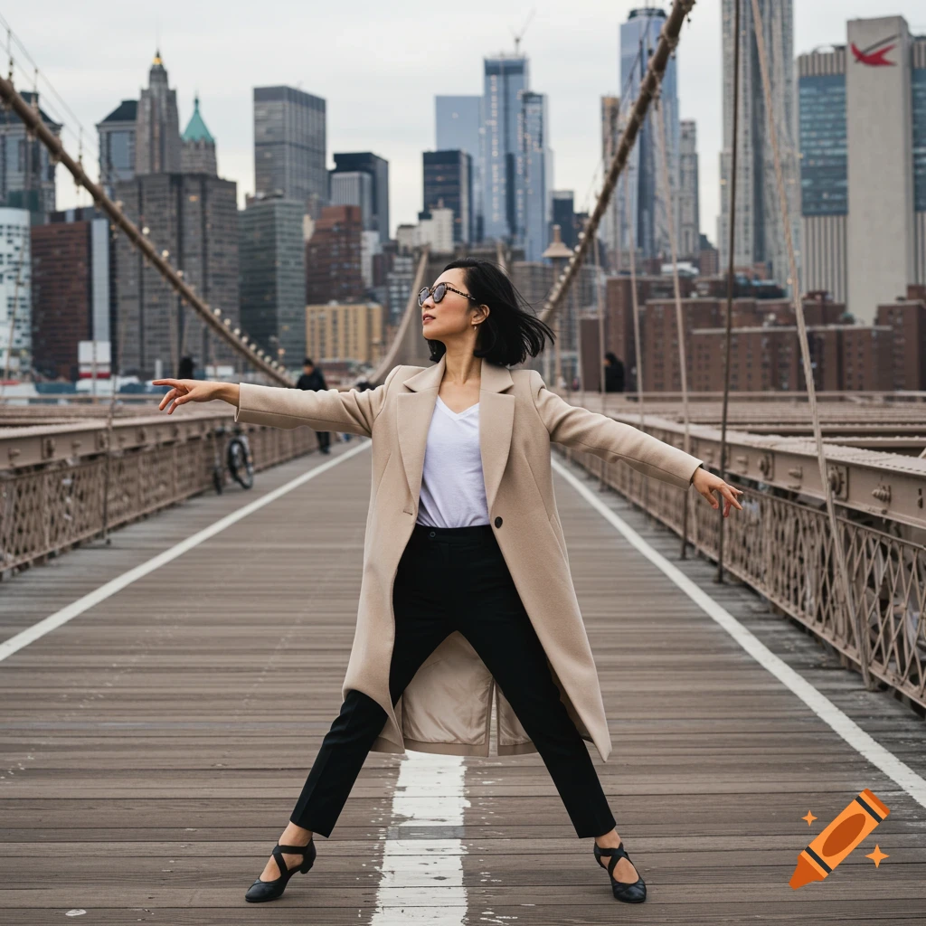 Woman in a beige coat dances on the Brooklyn Bridge with the New York skyline behind her