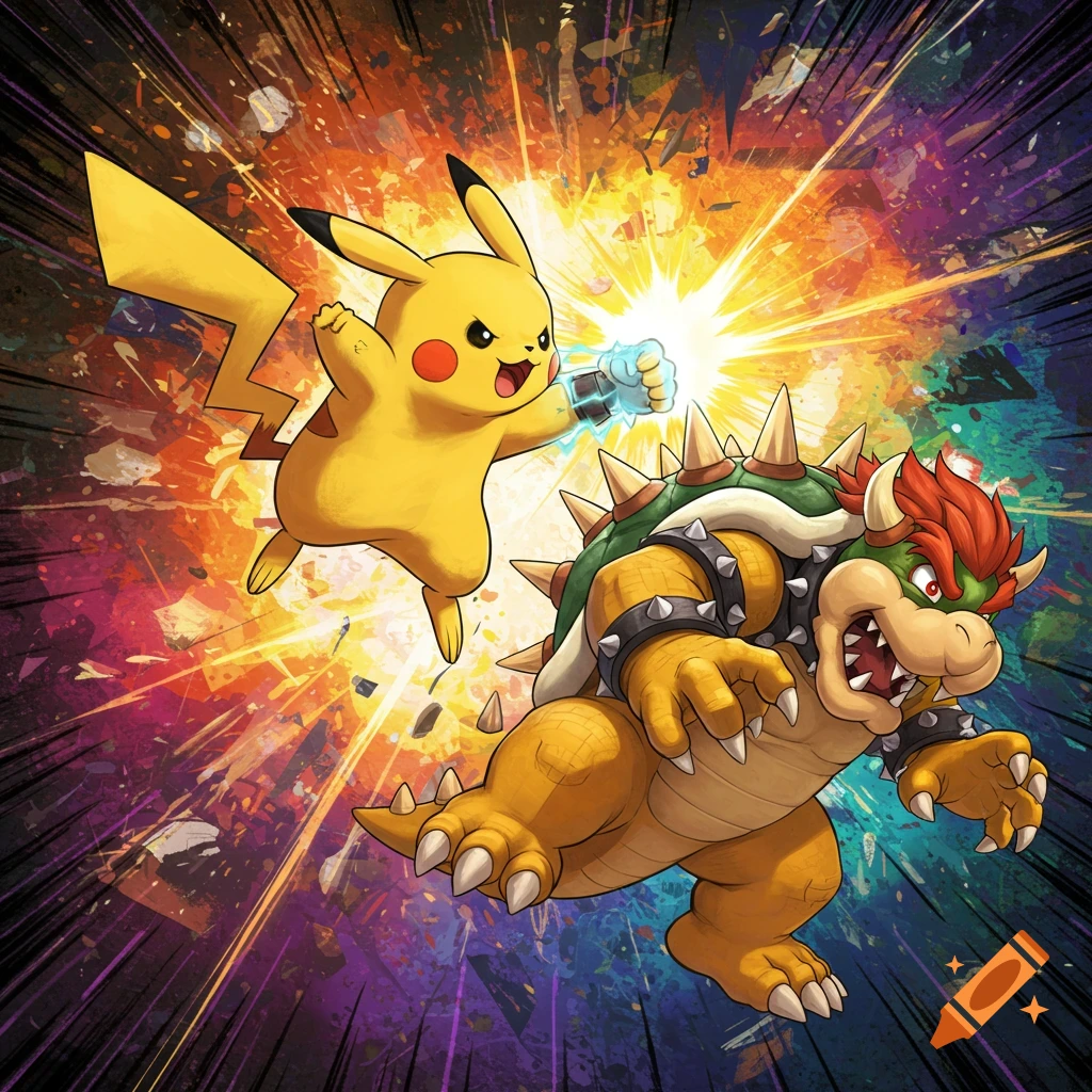 Pikachu punches Bowser during a fight in a dynamic, explosive style.