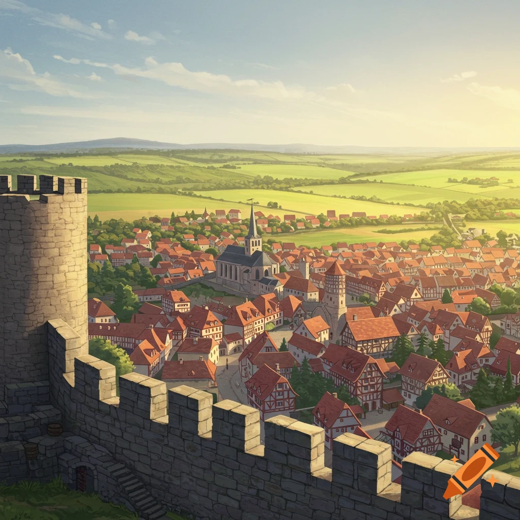 A medieval town viewed from a castle wall, with fields in the background.
