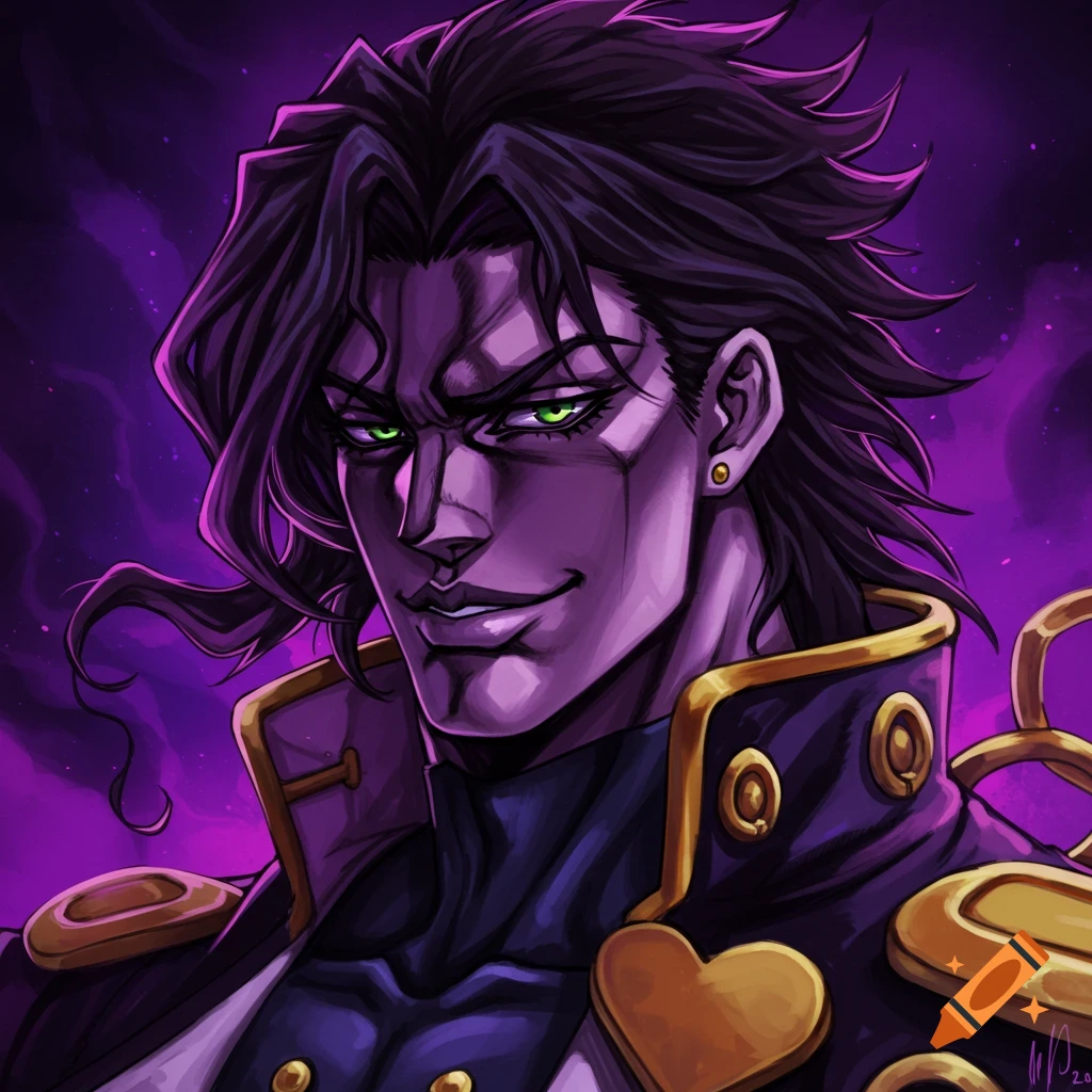 A depiction of the anime character Dio Brando with striking green eyes and a confident smirk, set against a vibrant purple background.