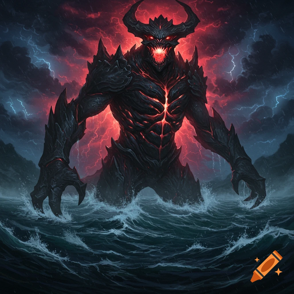 A large, dark fantasy monster rises from a stormy sea with lightning.