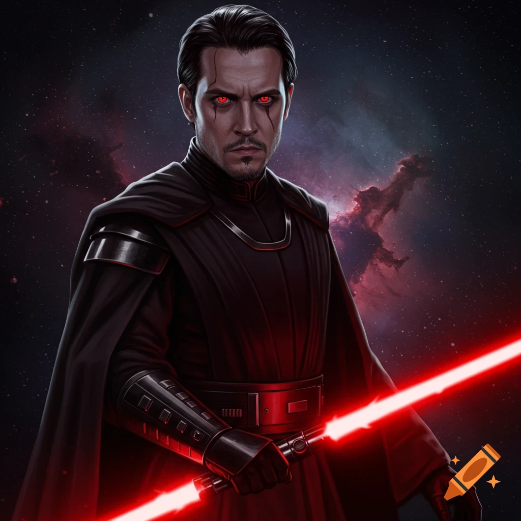 A man with red eyes holding a red lightsaber in space.