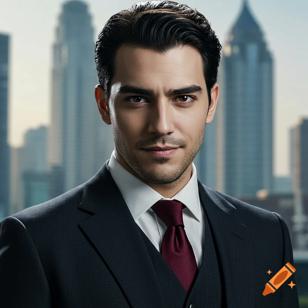A man in a suit and red tie stands in front of a blurred city skyline.