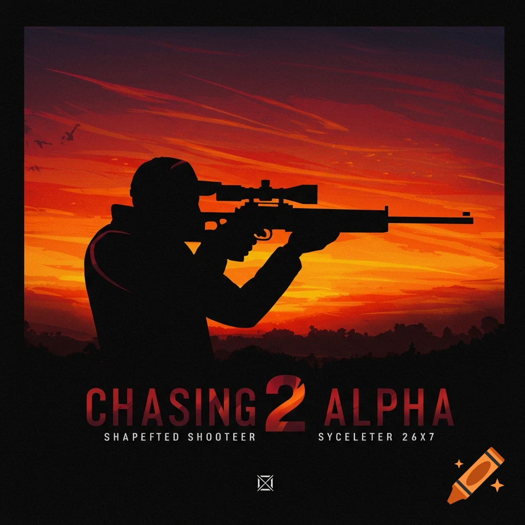 Silhouette of a person with a rifle against an orange sunset, with the text 'CHASING 2 ALPHA'.