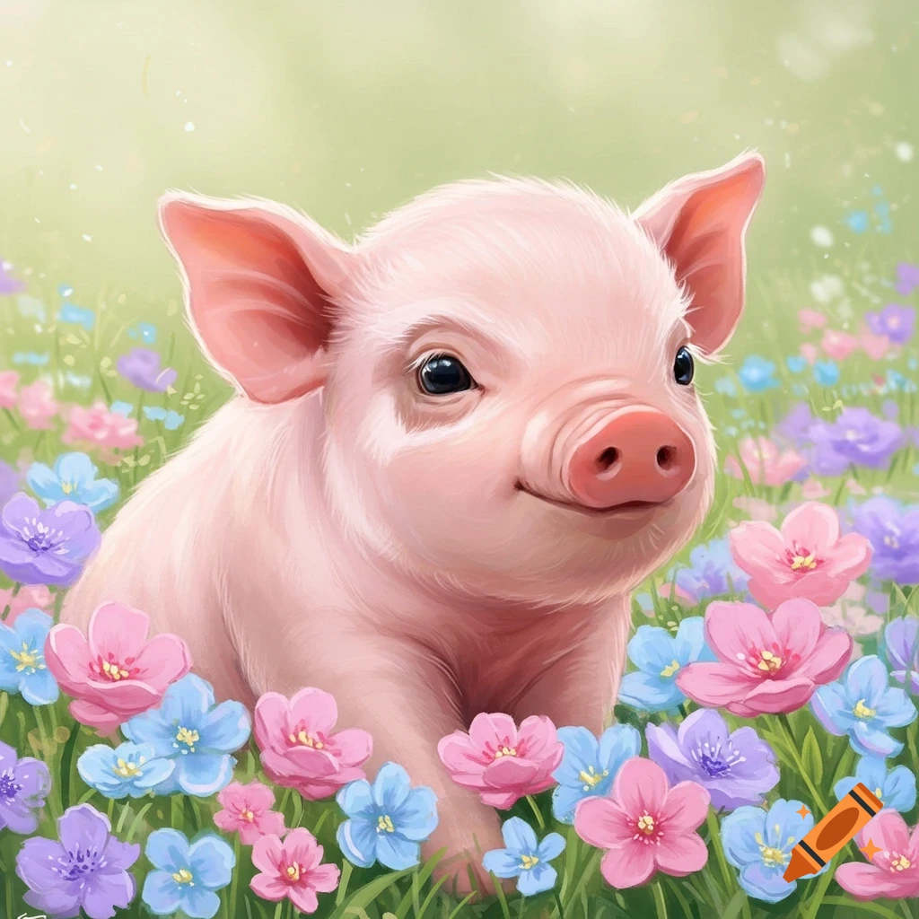 A baby pig in a field of colorful pastel flowers