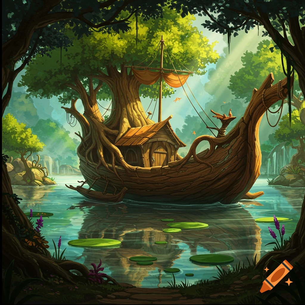 A fantasy treeboat with a house on a lake in a forest.