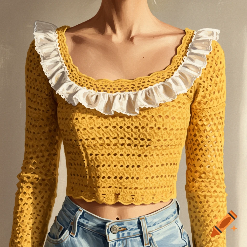 A person wearing a yellow crochet long sleeve top with white ruffles and jeans.