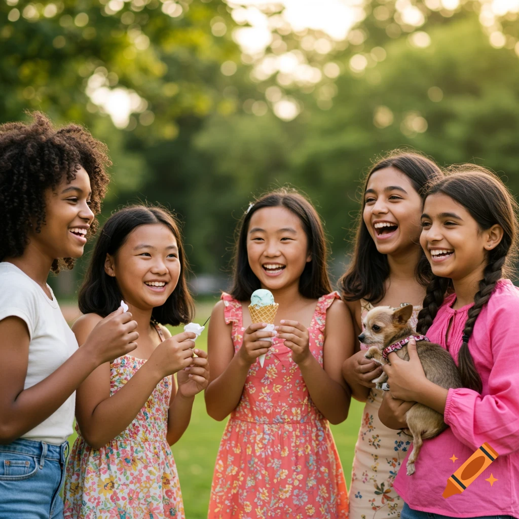 Diverse girls and a dog laughing and eating ice cream in a park.