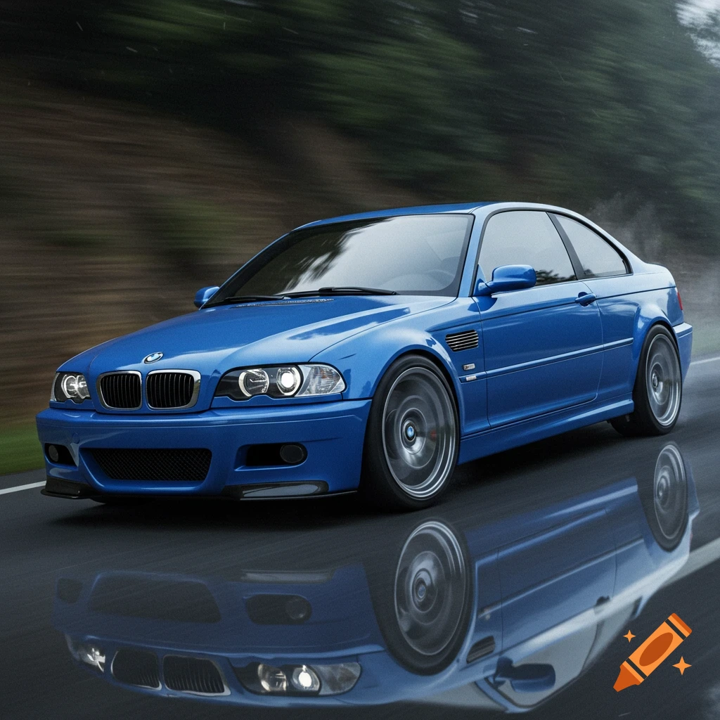 Blue BMW E46 coupe driving with motion blur and reflection on the road