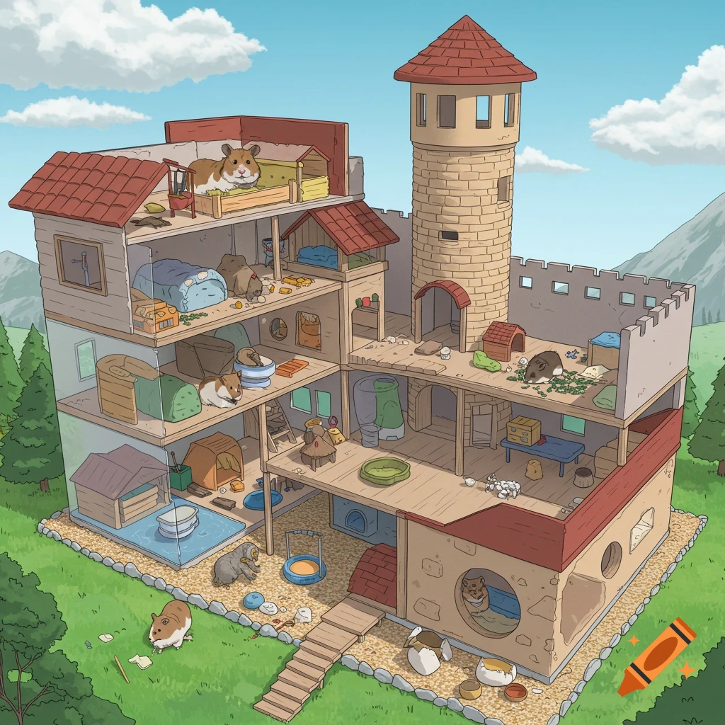 Illustration of hamsters in a large, multi-level castle-like dollhouse.