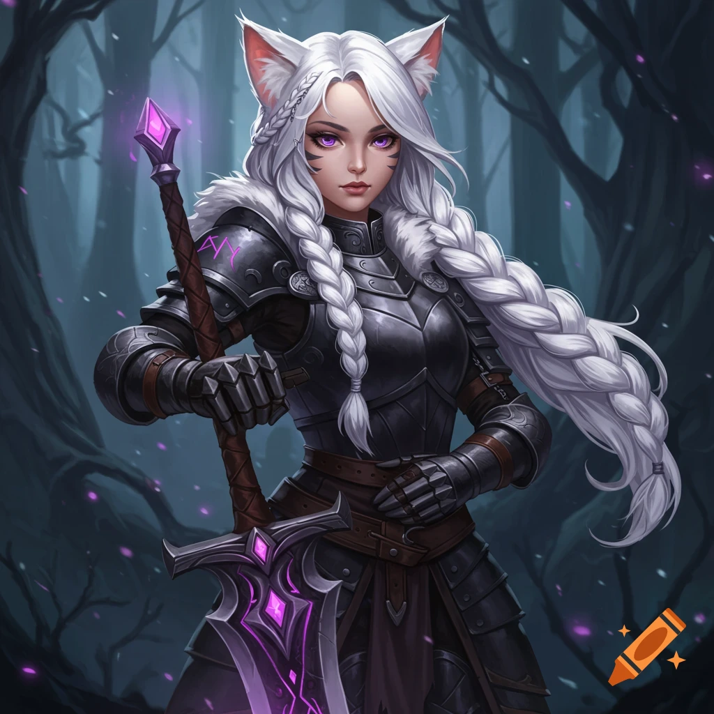 A woman with cat ears, white hair, and purple eyes wears dark armor and holds a sword in a forest.