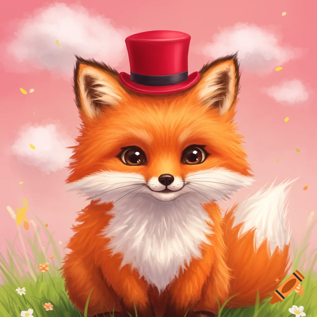 A cute fox wearing a red top hat sits in a field with pink sky.