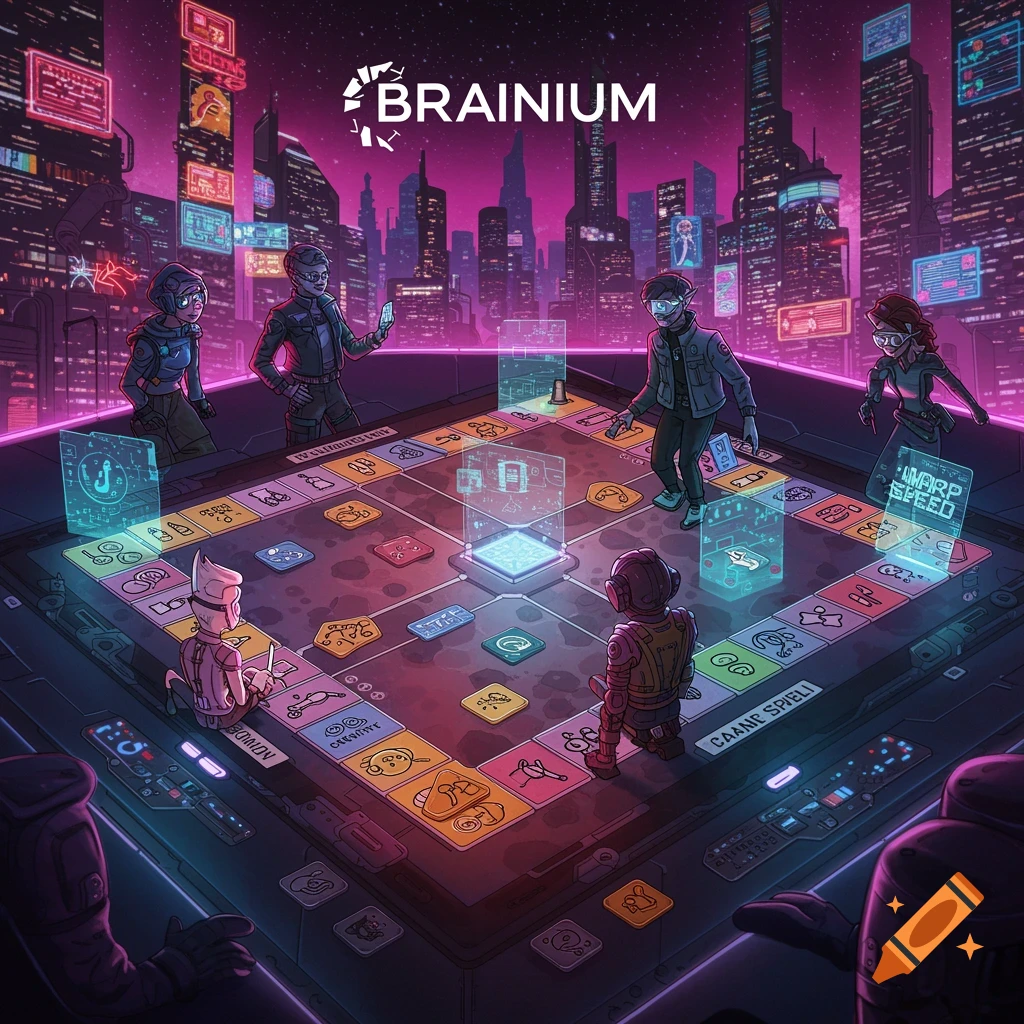 A vibrant sci-fi style showing futuristic avatars playing a board game called 'Brainium' in a neon-lit cityscape.