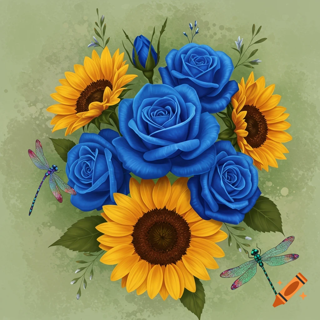 Blue roses, sunflowers, and dragonflies on a green background.
