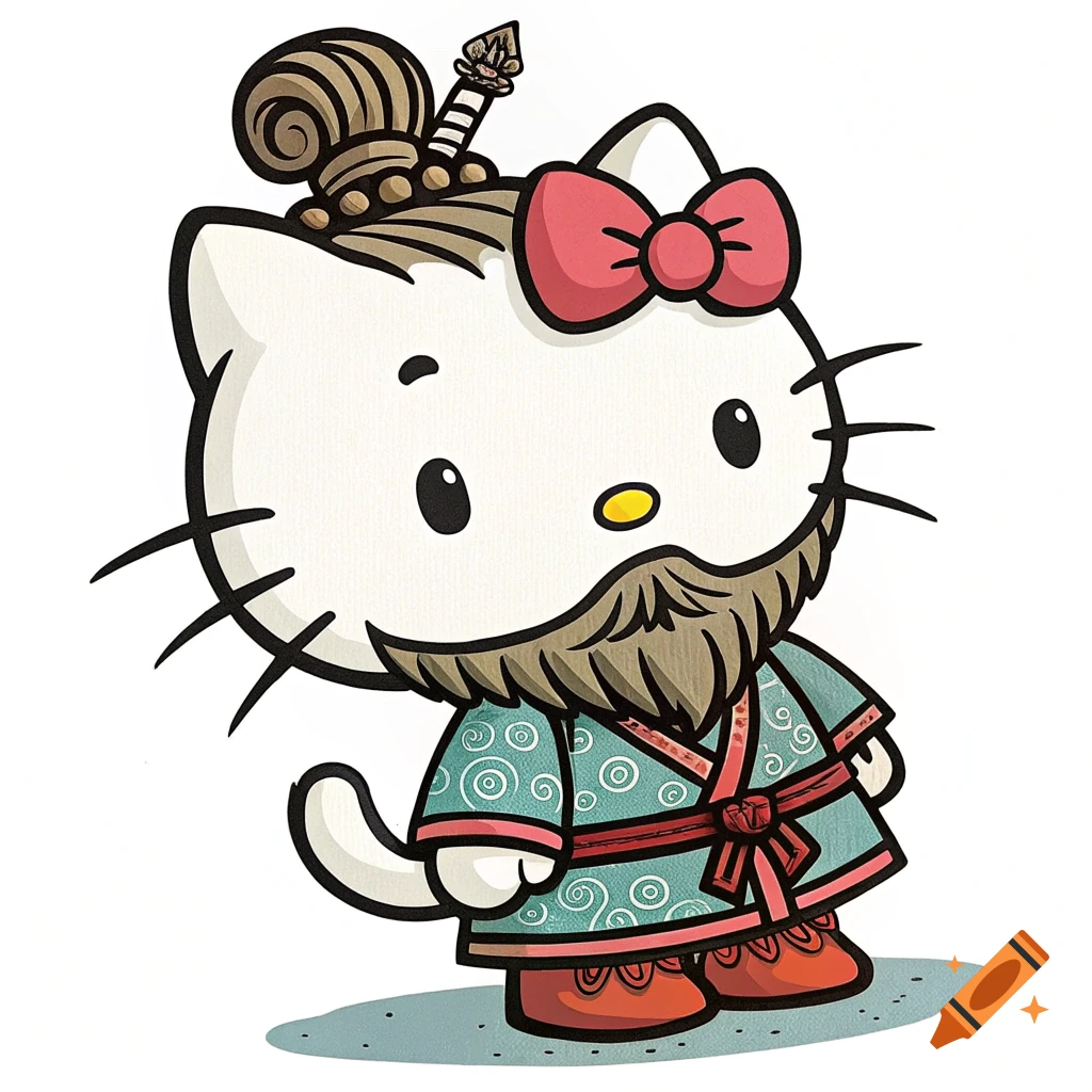 Cartoon of Hello Kitty with a beard and Mongolian-style clothing.