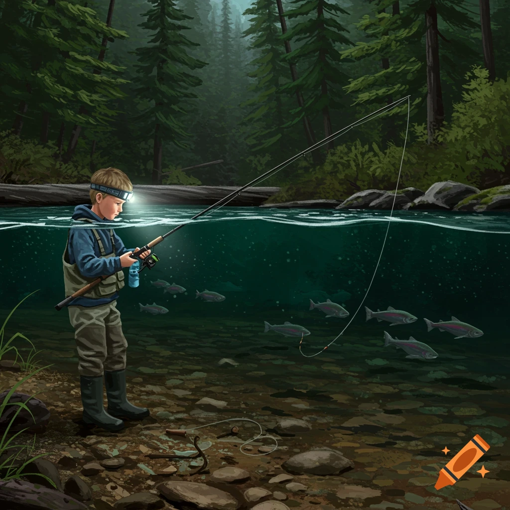 A boy fishing in a river, showing fish underwater and a forest above.
