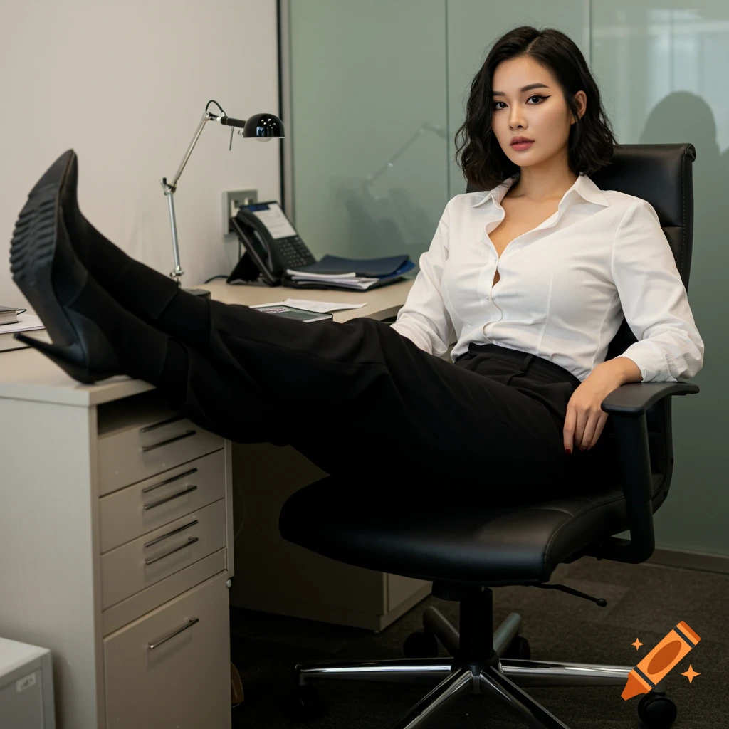 A woman sits in an office chair with her feet on the desk, wearing a white shirt and black pants.