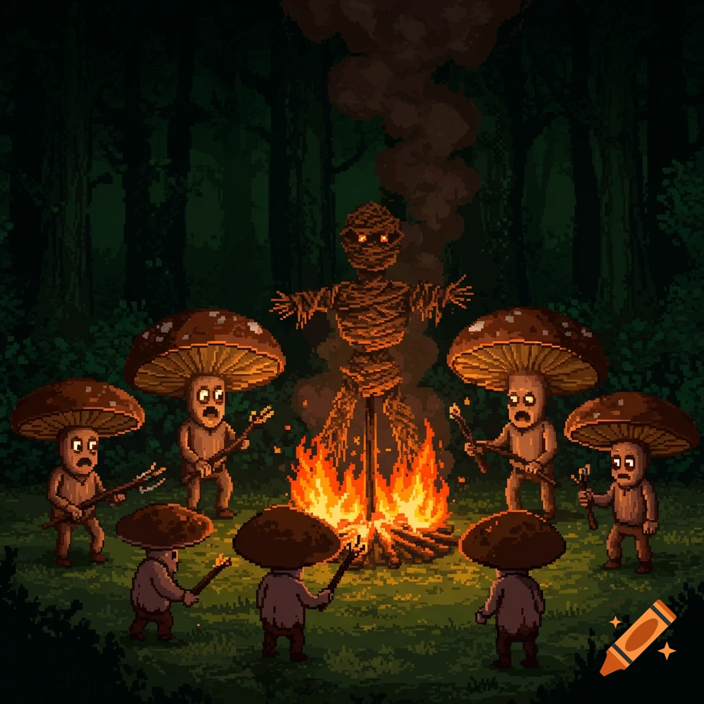 Pixel art of humanoid mushrooms burning a wickerman in a dark forest at night.