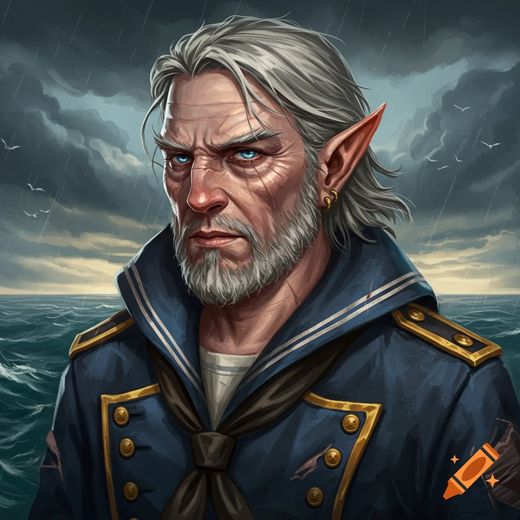 Portrait of a rugged elf sailor with grey hair and blue eyes in a blue uniform against a stormy sea.
