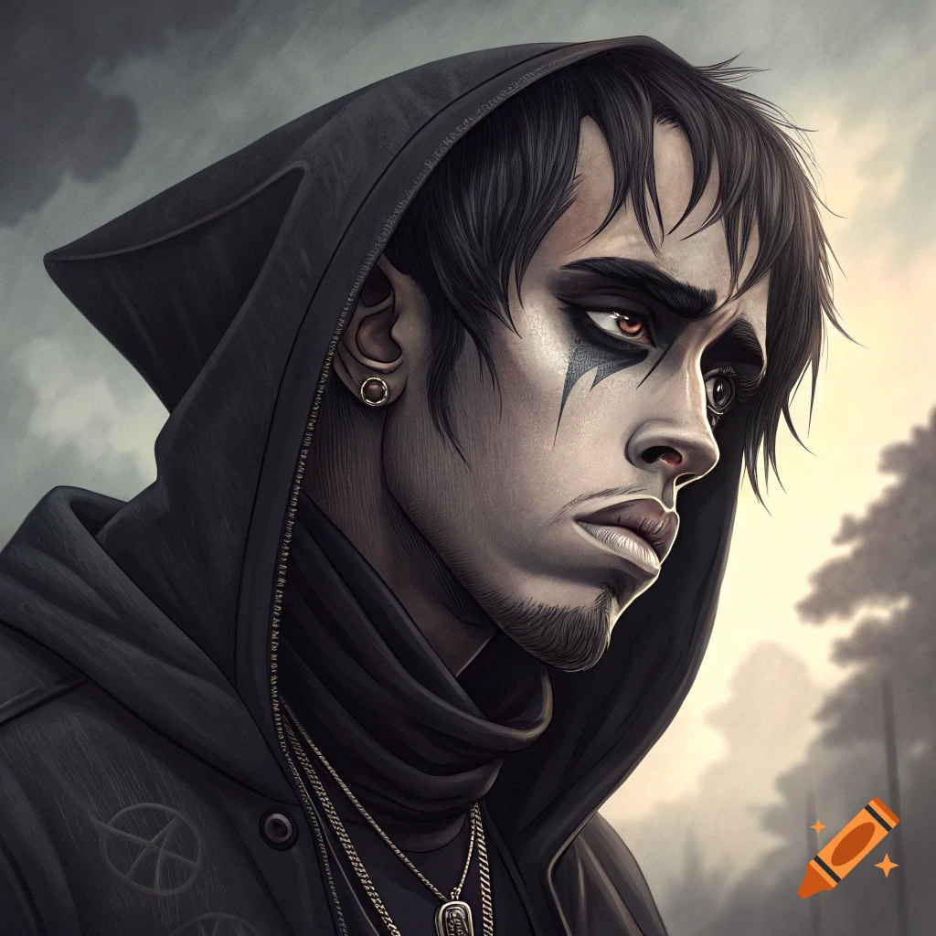 Stylized portrait of a person with dark hair, emo makeup, wearing a black hood and chains, looking to the side.