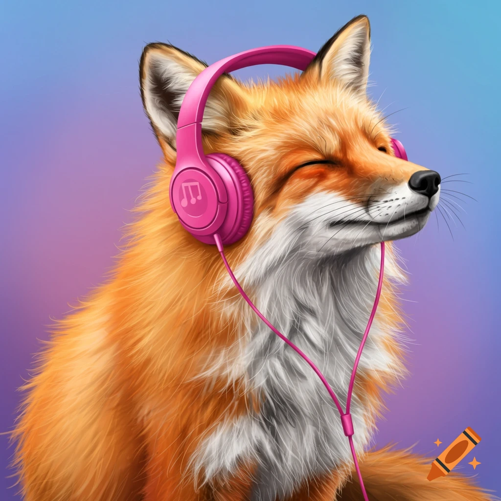 A fox listening to music with pink headphones