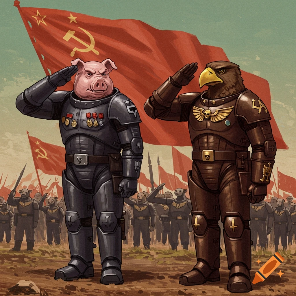 Anthropomorphic pig and eagle in power armor salute in front of a large red flag with an army of humanoid animals behind them.