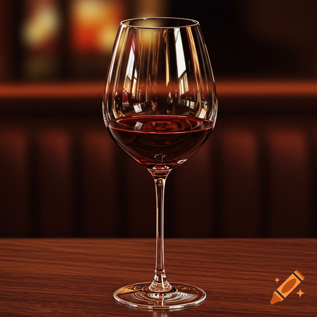 A glass of red wine sits on a wooden table in a dimly lit setting.