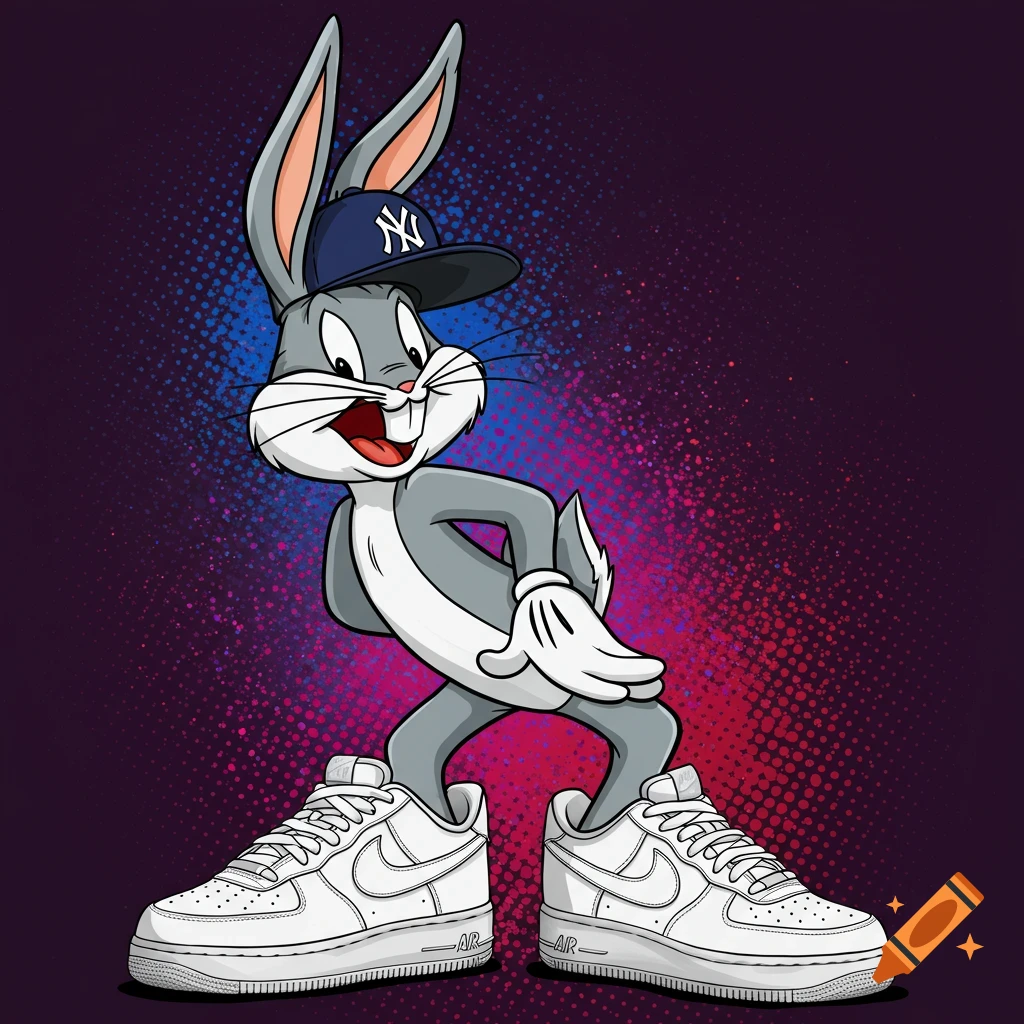 Bugs Bunny wearing a NY Yankees hat and white Nike Air Force One sneakers.