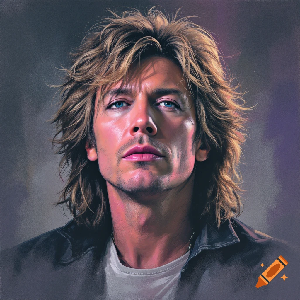 A man with long blond hair and blue eyes is looking intensely at the viewer.