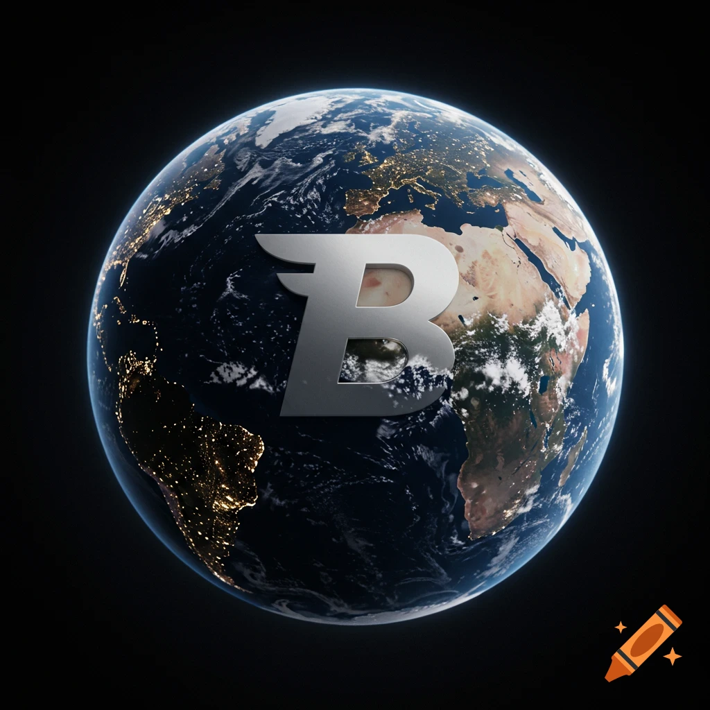 A large metallic B symbol over the Earth seen from space.