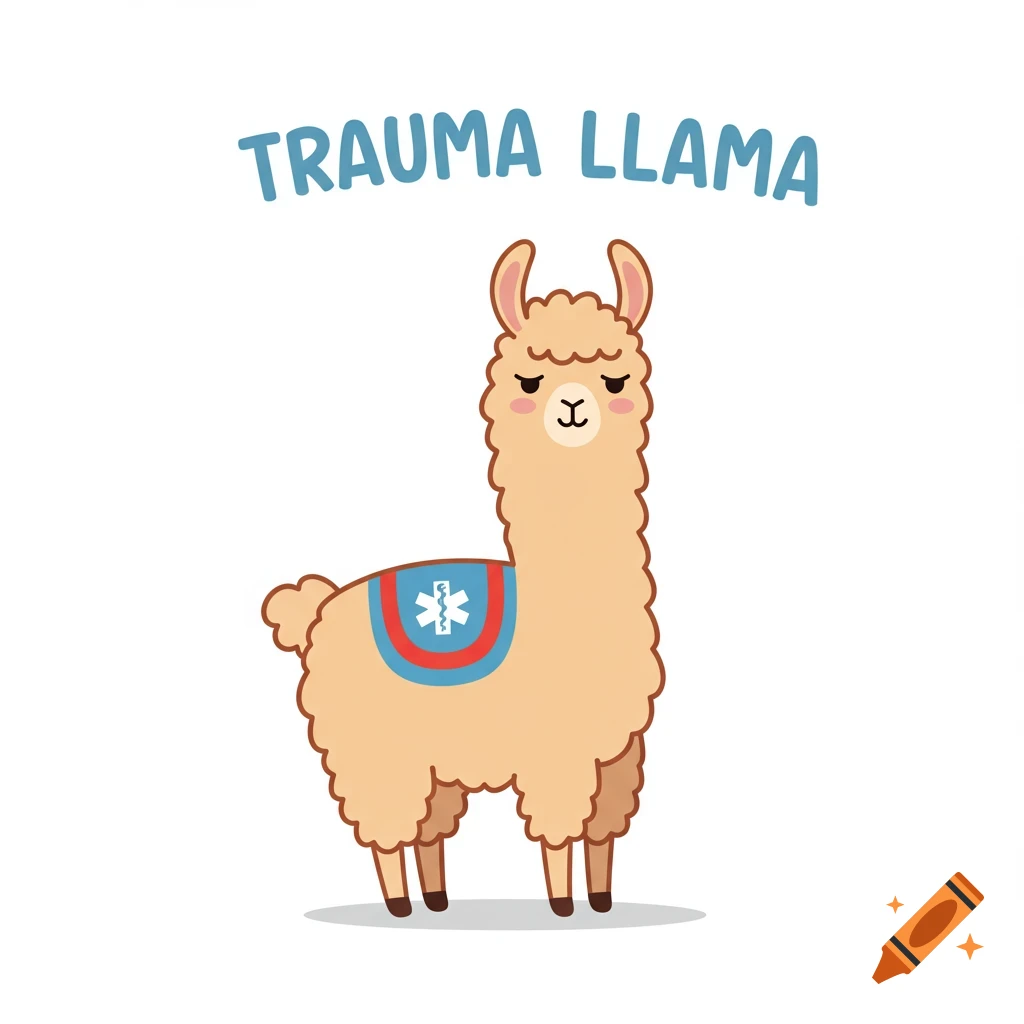 Cartoon llama wearing a saddle pad with a medical symbol, with the words 'TRAUMA LLAMA' above it.