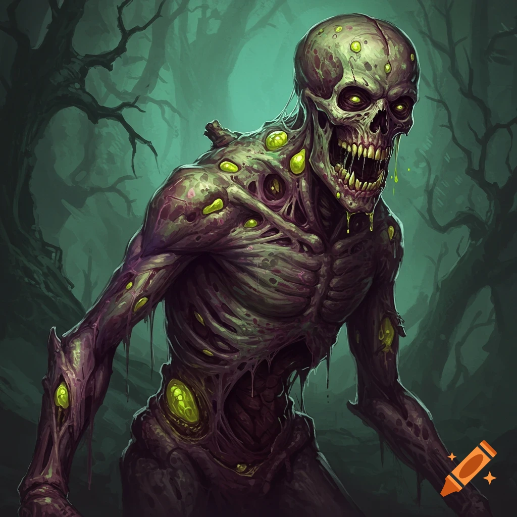 A stylized depiction of a grotesque zombie-like monster with glowing eyes in a dark forest.