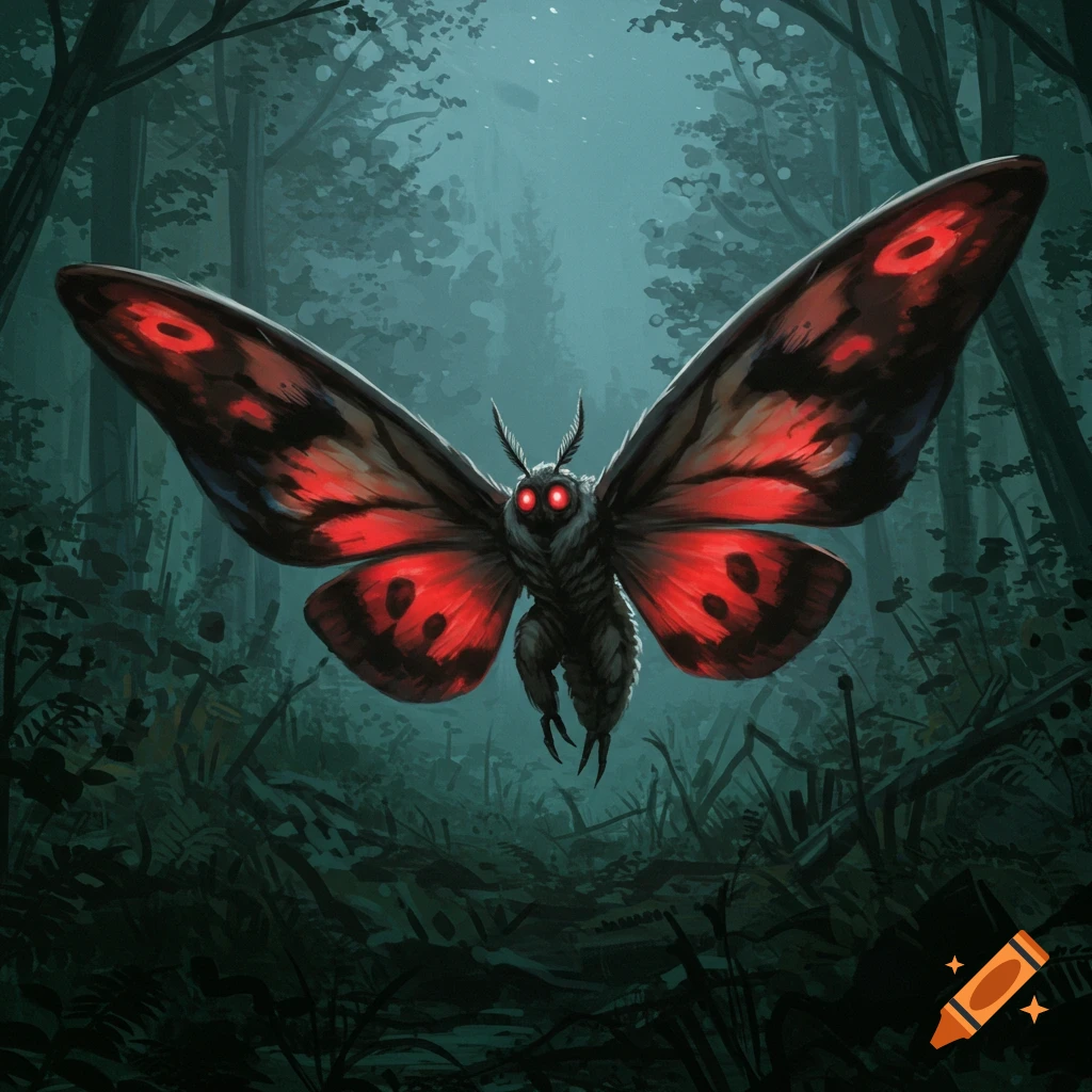 Mothman flying in a dark forest.