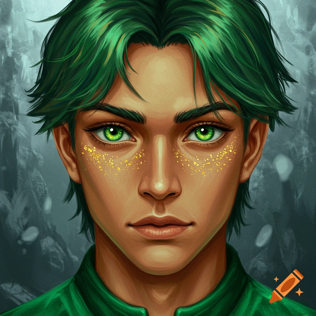 Portrait of a young person with bright green hair and vivid green eyes speckled with gold.