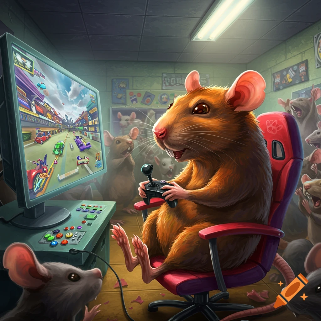 Illustrated rat playing video game in a chair, surrounded by other rats watching.