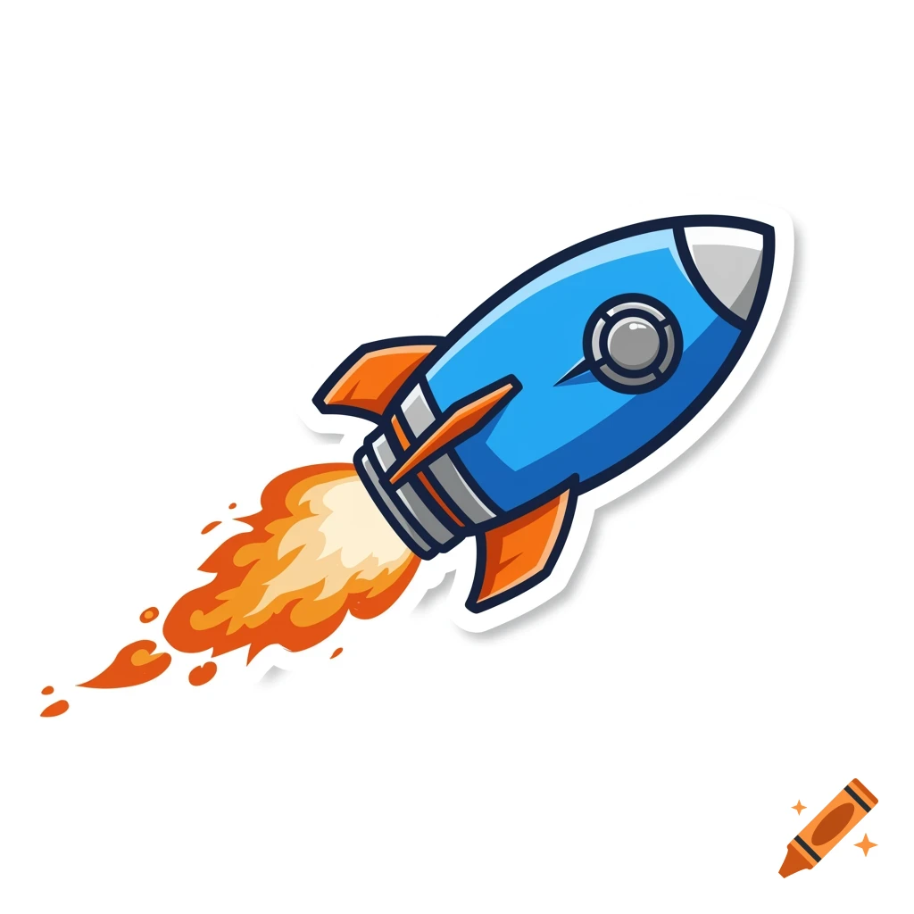 Cartoon blue and orange rocket with flames flying upwards, white outline.